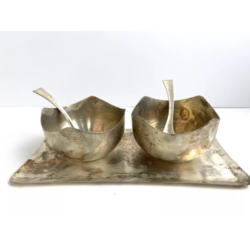 RARE Vintage silver Handmade Wavy bowls with spoons and tray Unique